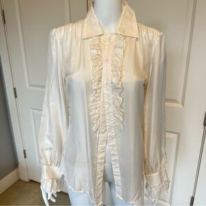 Ralph Lauren 100% Silk Ruffle Blouse in Cream Off White Size 10 Button down